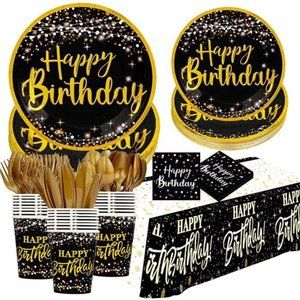 birthday plates and napkins party supplies - (Total 169pcs) balck gold birthday